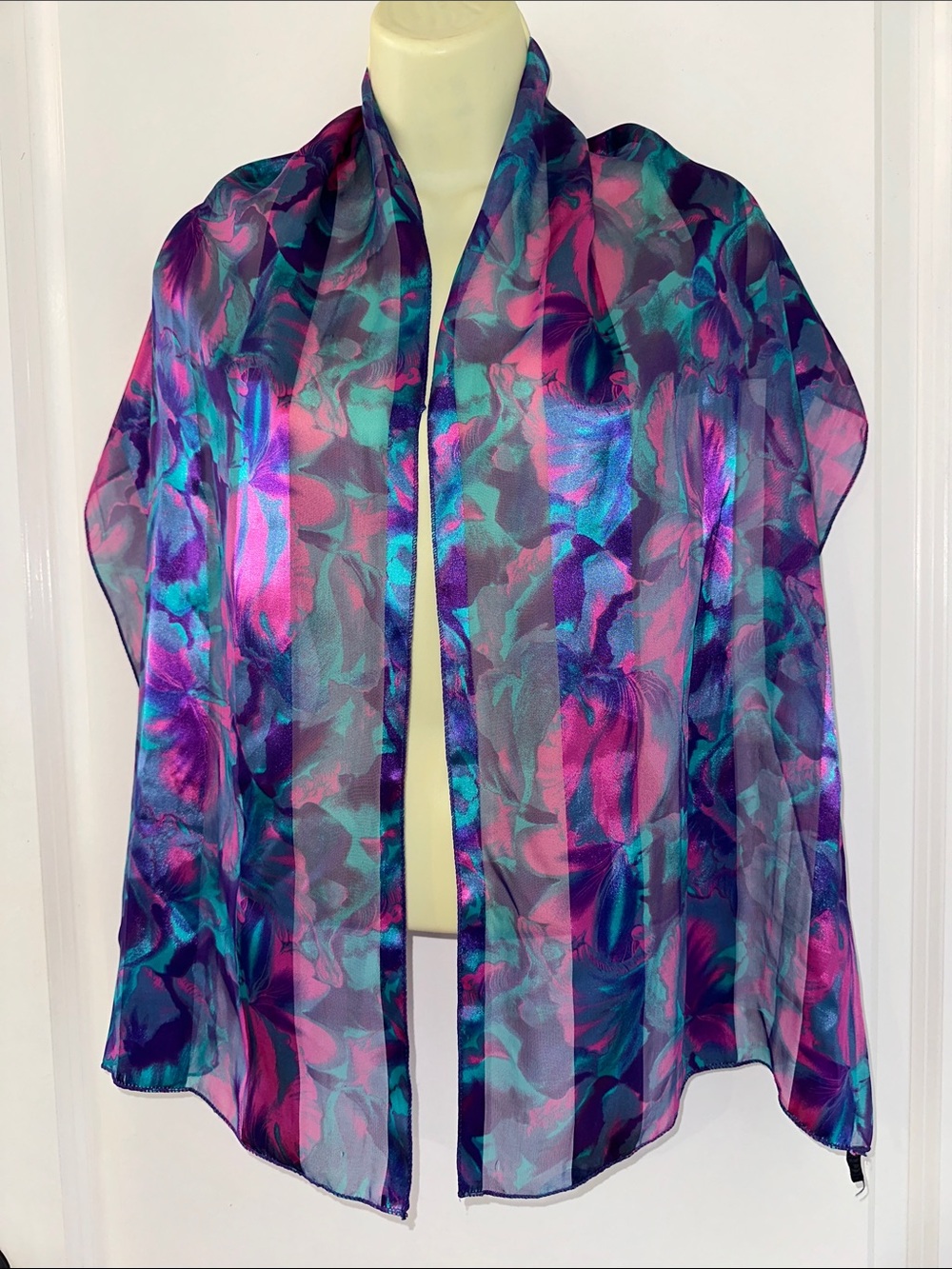 Vtg City Silk Co Vibrant Semi Sheer Floral Long Scarf‎ - Pink, Purple & Teal